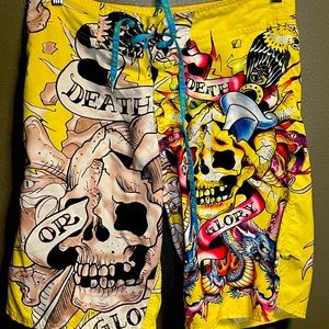 Yellow, Ed Hardy, Size 32, Surf or Die Skull Men’s Swim Shorts. Great condition!